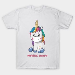Cute little unicorn girl with coloured hair and words magic baby T-Shirt